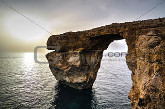 Sea view to Azure window natural arch, now vanished, Gozo island, Malta