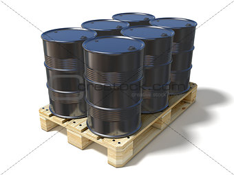 Black oil barrels on wooden euro pallet. 3D