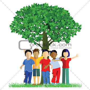 Happy children around a tree illustration