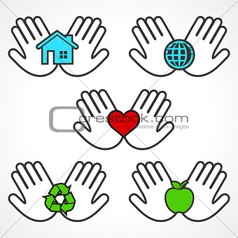 Set of environment icons with human hands