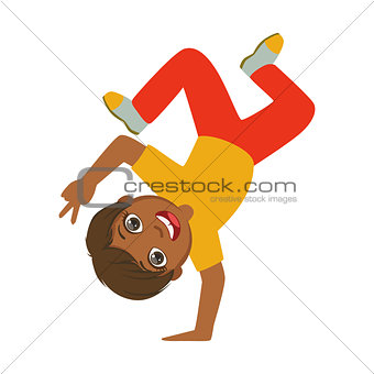 Boy Standing Upside Down On One Hand Dancing Breakdance Performing On Stage, School Showcase Participant With Musical Artistic Talent