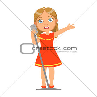 Girl In Red Dress Singing, Kid Performing On Stage, School Showcase Participant With Musical Artistic Talent