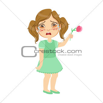 Girl With Allergy On Flowers,Sick Kid Feeling Unwell Because Of The Sickness, Part Of Children And Health Problems Series Of Illustrations