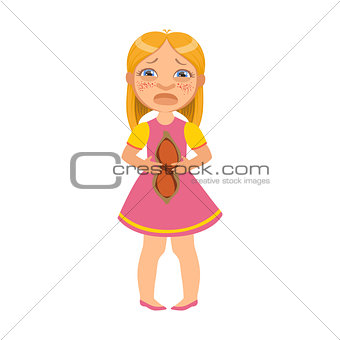 Girl With Hurting Belly,Sick Kid Feeling Unwell Because Of The Sickness, Part Of Children And Health Problems Series Of Illustrations