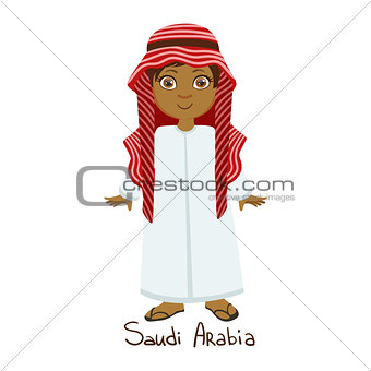 Boy In Saudi Arabia Country National Clothes, Wearing White Dress And Muslim Headdress Traditional For The Nation
