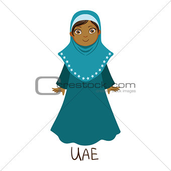 Girl In United Arab Emirates Country National Clothes, Wearing Full Body Cover Traditional For The Nation