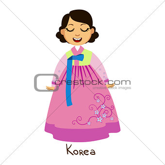 Girl In Korea Country National Clothes, Wearing Pink Dress With Floral Pattern Traditional For The Nation