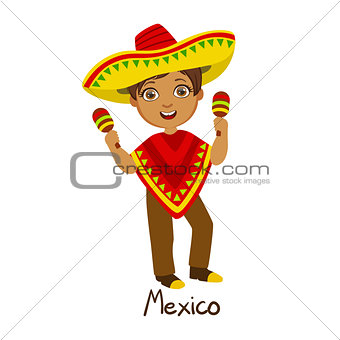 Boy In Mexico Country National Clothes, Wearing Poncho And Sombrero Traditional For The Nation