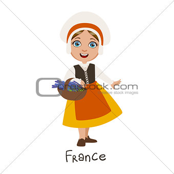 Girl In France Country National Clothes, Wearing Bonnet And Apron Traditional For The Nation