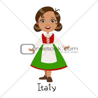 Girl In Italy Country National Clothes, Wearing Green Skirt And Apron Traditional For The Nation