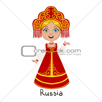 Girl In Russia Country National Clothes, Wearing Sarafan And Headdress Traditional For The Nation