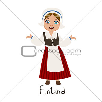 Girl In Finland Country National Clothes, Wearing Bonnet And Corset Traditional For The Nation