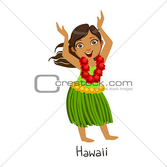 Girl In Hawaii Country National Clothes, Wearing Leaf Skirt And Neck Flower Garland Traditional For The Nation