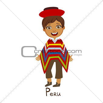 Boy In Peru Country National Clothes, Wearing Poncho Traditional For The Nation