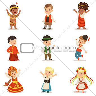 Kids Wearing National Costumes Of Different Countries Set Of Cute Boys And Girls In Clothes Representing Nationality