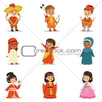 Kids Wearing National Costumes Of Different Countries Collection Of Cute Boys And Girls In Clothes Representing Nationality