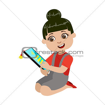 Girl Reading Text From Screen Of Tablet, Part Of Kids And Modern Gadgets Series Of Vector Illustrations