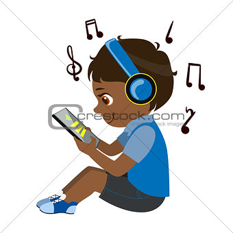 Boy Reading Text From Tablet And Listening To Music Through Headphones, Part Of Kids And Modern Gadgets Series Of Vector Illustrations