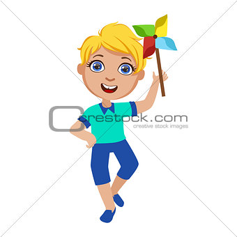 Boy With Toy Windmill, Part Of Kids At The Birthday Party Set Of Cute Cartoon Characters With Celebration Attributes