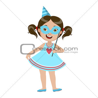 Girl With Paper Mask, Part Of Kids At The Birthday Party Set Of Cute Cartoon Characters With Celebration Attributes