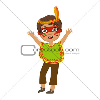 Boy In Indian Costume, Part Of Kids At The Birthday Party Set Of Cute Cartoon Characters With Celebration Attributes