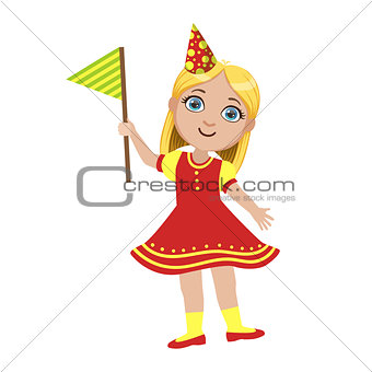 Girl In Red Dress With Flag, Part Of Kids At The Birthday Party Set Of Cute Cartoon Characters With Celebration Attributes