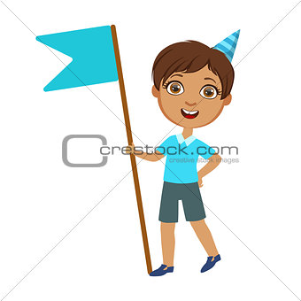 Boy With Giant Blue Flag, Part Of Kids At The Birthday Party Set Of Cute Cartoon Characters With Celebration Attributes