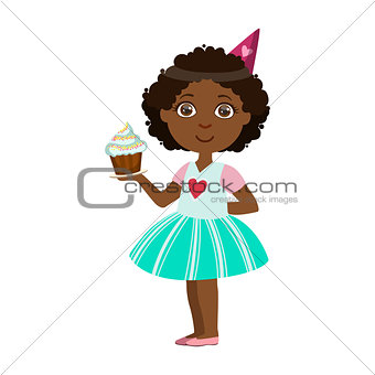 Girl With Cupcake, Part Of Kids At The Birthday Party Set Of Cute Cartoon Characters With Celebration Attributes