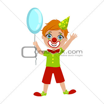 Boy In Clown Costume, Part Of Kids At The Birthday Party Set Of Cute Cartoon Characters With Celebration Attributes