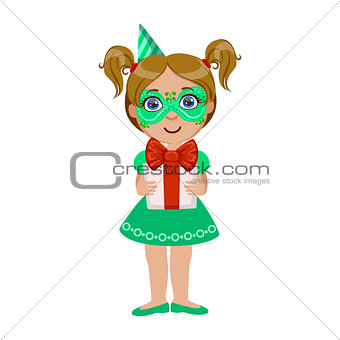 Girl In Green Mask Holding Present, Part Of Kids At The Birthday Party Set Of Cute Cartoon Characters With Celebration Attributes