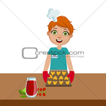 Boy Taking Cookies Out Of The Oven, Cute Kid In Chief Toque Hat Cooking Food Vector Illustration