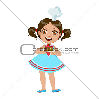 Girl Holding Plate With Piece Of Cake, Cute Kid In Chief Toque Hat Cooking Food Vector Illustration