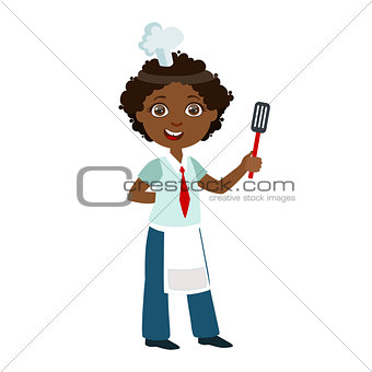 Boy With Spatula, Cute Kid In Chief Toque Hat Cooking Food Vector Illustration