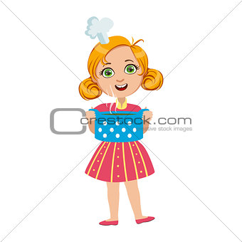 Girl Holding Pot Of Hot Soup, Cute Kid In Chief Toque Hat Cooking Food Vector Illustration