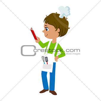Boy Reading A Recipe, Cute Kid In Chief Toque Hat Cooking Food Vector Illustration