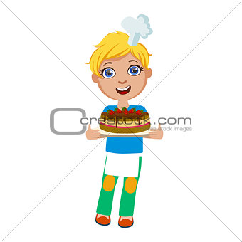 Boy Holding Chocolate Party Cake, Cute Kid In Chief Toque Hat Cooking Food Vector Illustration
