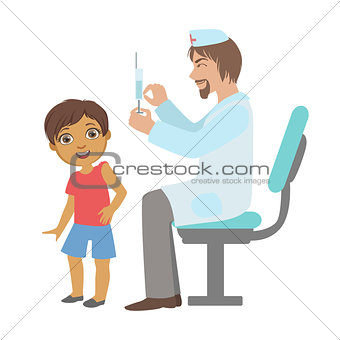 Pediatrician Doing A Vaccination To Little Boy, Part Of Kids Taking Health Exam Series Of Illustrations