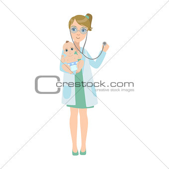 Pediatrician Checking With Stethoscope Lungs Of a Baby, Part Of Kids Taking Health Exam Series Of Illustrations