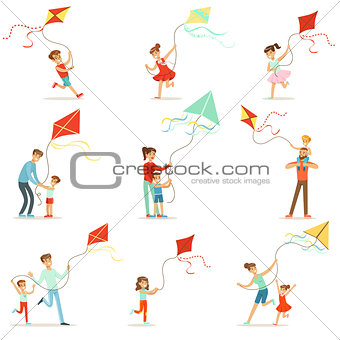 Happy kids running with kite. Parents help children run a kite, a fun family vacation.