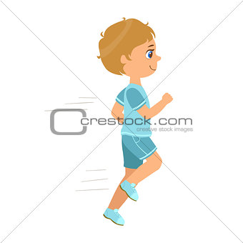 Little boy running in a blue shirt and shorts and smiling, a colorful character