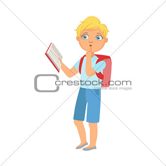 Schoolboy With Backpack Standing Reading A Book, Part Of Kids Loving To Read Vector Illustrations Series