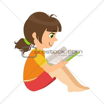 Girl Sitting On The Floor Reading A Book, Part Of Kids Loving To Read Vector Illustrations Series