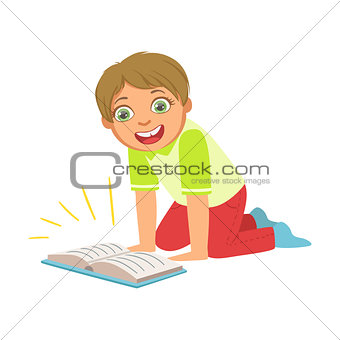 Boy Laughing Reading A Book, Part Of Kids Loving To Read Vector Illustrations Series