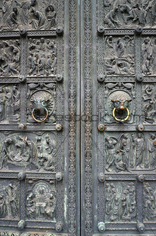 Ancient metal door of Bremen Cathedral, Germany.