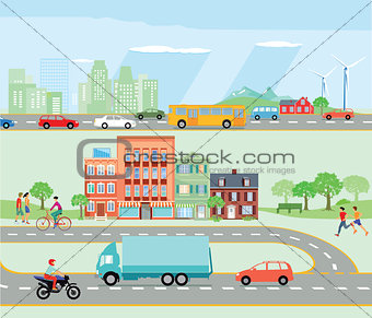 Road traffic with bypass road and motorway illustration