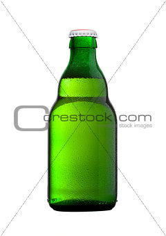Green glass beer bottle with white cap on white