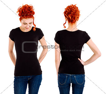 Woman wearing blank black shirt front and back