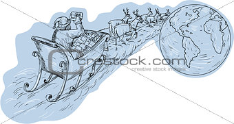 Santa Claus Sleigh Reindeer Gifts Around the World Drawing