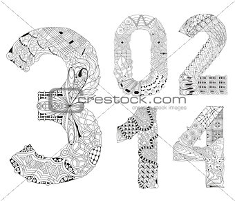 set of number zero, one, two, three, four Zentangle. Vector decorative objects