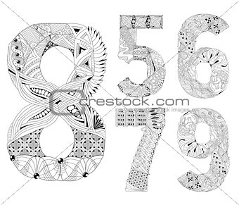 set of number five, six, seven, eight, nine Zentangle. Vector decorative objects